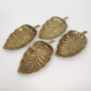 Brass Leaf Trinket Trays Salt Cellars Art Dishes Botanical Accent Decor Set of 4
